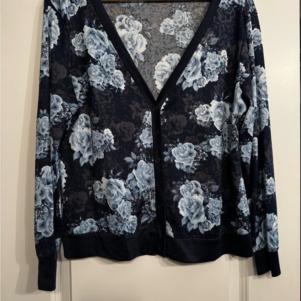 LuLaRoe Cheryl Floral V-Neck Cardigan - Blue, Black and Gray